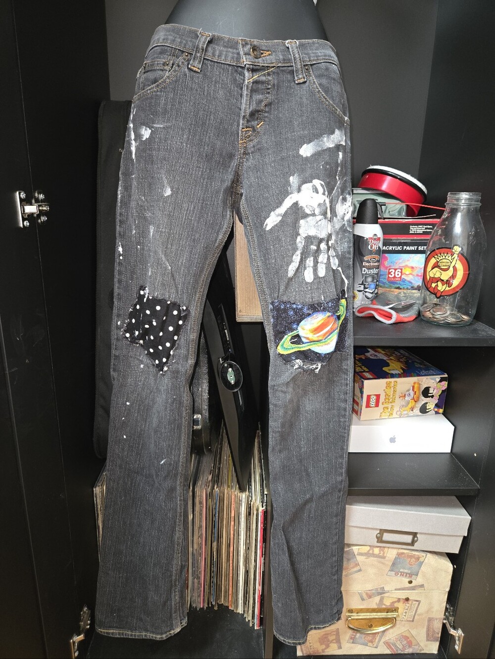 Custom Painted Matix Black Denim Pants w/ Patches & Handprint Detail Size 3